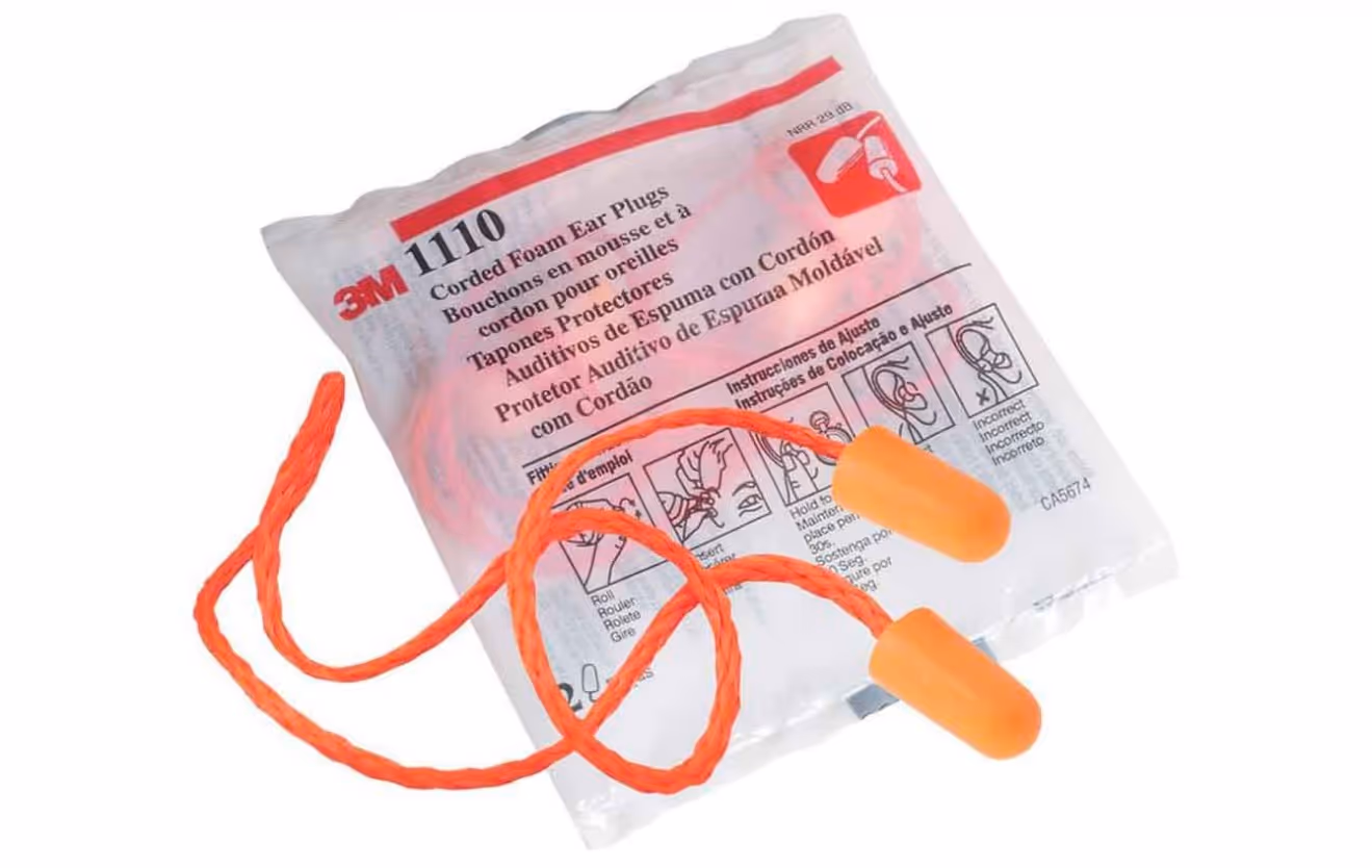 3M 1110 corded foam earplugs with orange foam tips and cord
